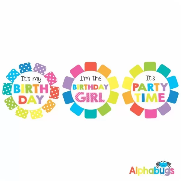 Birthday Badge Stickers – Rainbow Rosettes